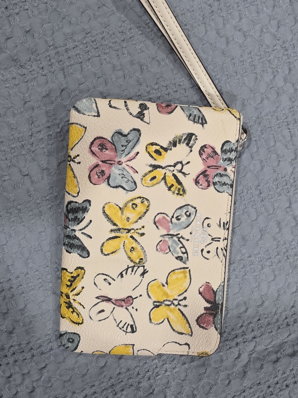 Coach Butterfly Print Wristlet Clutch in Cream with Pink, Yellow & Blue Accents